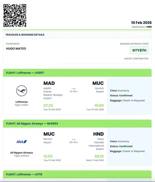 Sample dummy itinerary by Flightika for visa applications
